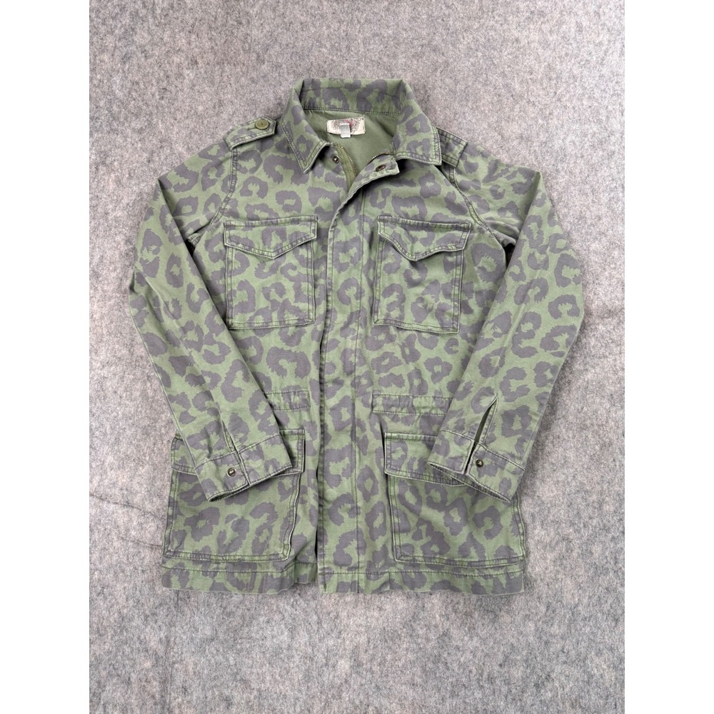 Ecote Utility Jacket Womens XS Green Leopard Print Cotton Canvas Field Coat Boho